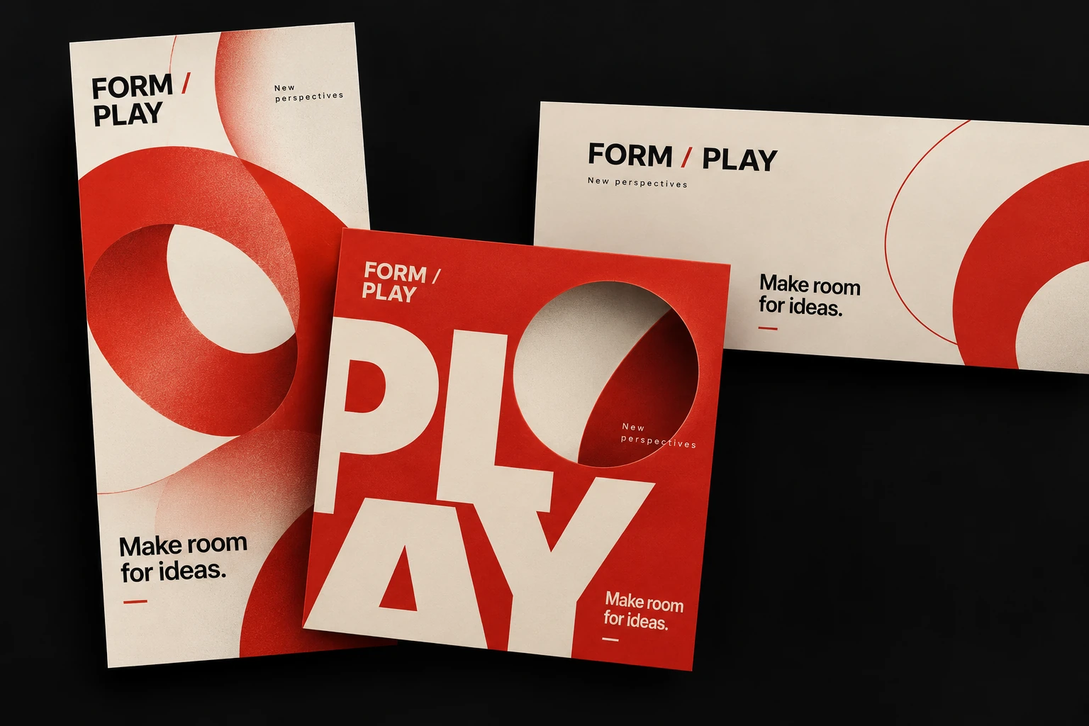FORM / PLAY red and ivory digital layouts.