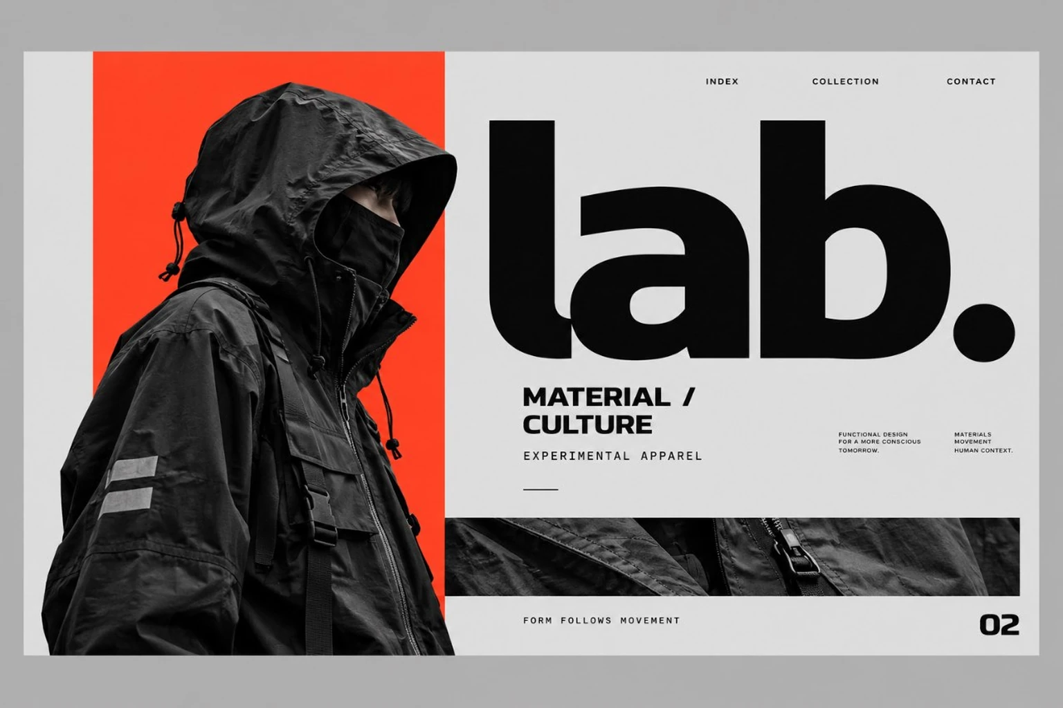 lab. composition with monochrome photography and a red accent.