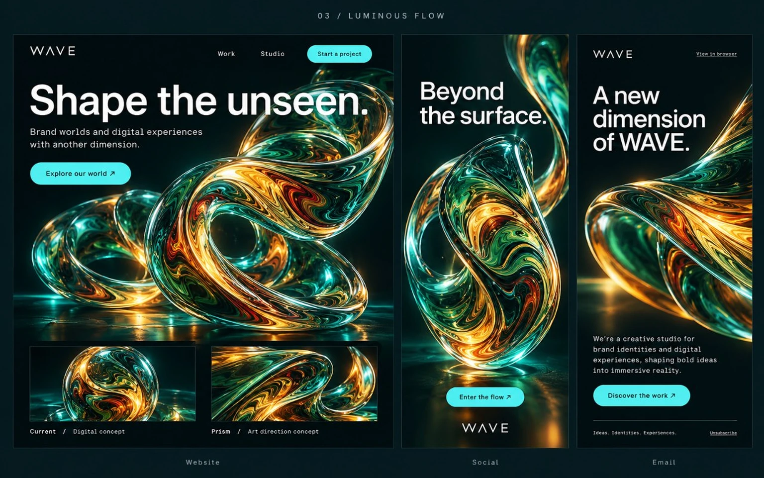 LUMINOUS FLOW layouts for website, social and email.